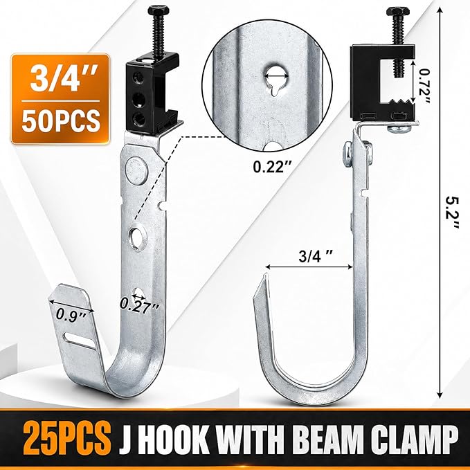 Blulu 25 Pcs Cable Support J Hook with Beam Clam Swivel Heavy Duty Metal Hangers for J Hook Hanging Cable Management Organizing Wire G60 Galvanized Steel (3/4 Inch)