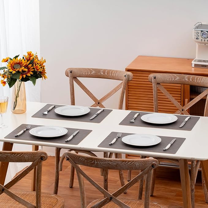 Placemats Set of 4 Reversible Dual-Color Table Placemats, Faux Leather 100% Waterproof Oil-Proof Wipeable Place Mats, Heat Resistant Dual Sided Table Mats for Kitchen/Dining/Party (Dark Brown&Yellow