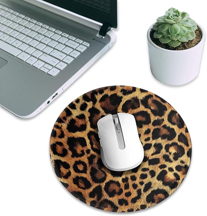 Brown Leopard Round Mouse Pad Premium Textured Mouse Mat Washable Mousepads with Extended Stitched Edges Non Slip Rubber Base Small Mousepad 7.9 X 7.9 X 0.12 Inches