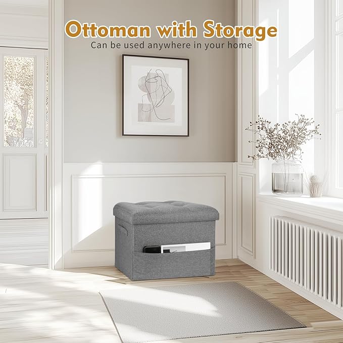 BelugaHelper Storage Ottoman Foot Rest, Folding Linen Foot Stool with Thicker Foam Padded Seat. Small Ottoman with Storage Bench for Bedroom Living Room, Holds Up to 300 lbs, 17x13x13IN (Light Gray)