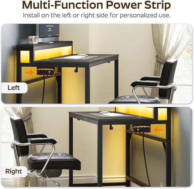 YATINEY 47.2" Computer Desk with Charging Station and LED Lights, Gaming Desk with Monitor Stand, 2-Tier Home Office Desk with 4 Side Hooks, for Living Room, Home Office, Black DN12UDBB