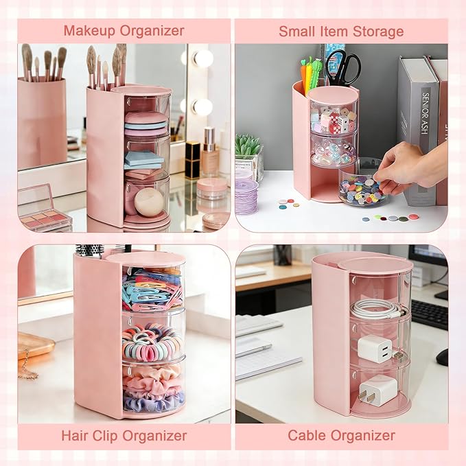 3-Layer Rotating Girls Hair Accessories Organizer Multi-Function Hair Brush Holder Makeup Organizer, Desktop Storage for Hair Clips, Hair Ties, Combs, Jewelry & Stationery (Pink)