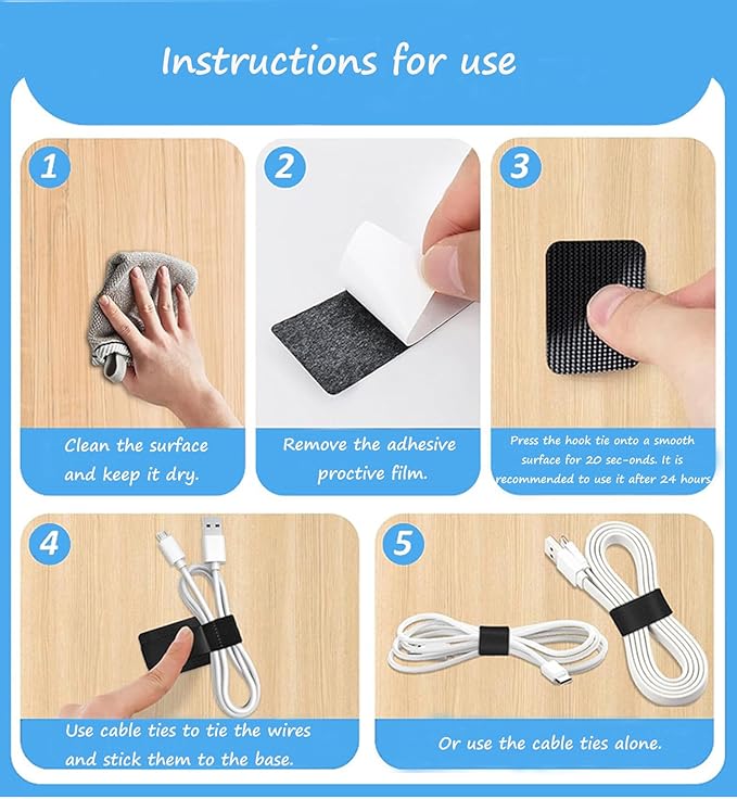 Under Desk Cable Management Set - 20 Pair Adjustable Hook and Loop Cable Ties with Adhesive Backing + 100 Pack 6 Inch Zip Ties, Complete Cord Organizer Kit for Home Office Desk Wire Management (Black)