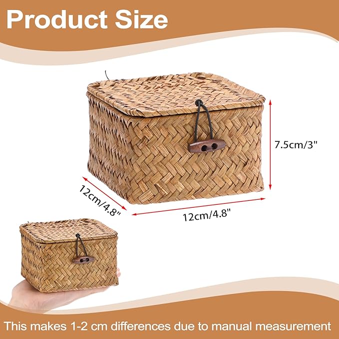 Hipiwe Handwoven Seagrass Basket Decorative Shelf Basket with Lid Mini Square Wicker Storage Box, Caramel Color, 4.7" x 4.7" x 3"