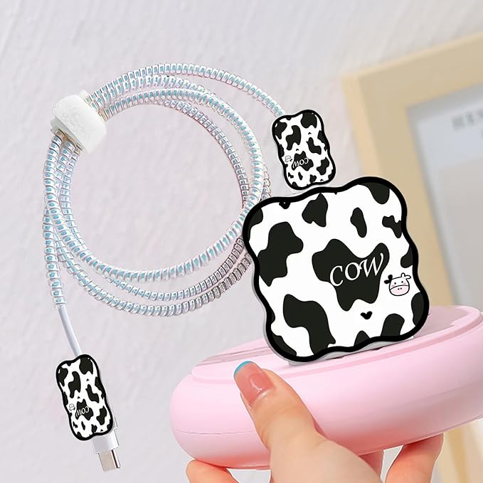 CameCosy DIY Phone Charger Cover Storage Sets Cable USB Earphone Wire Saver Organizer with Travel Storage Bag, Soft Cute Cable Protector Phone Charger Protector Compatible for iPhone(Milk Cow)