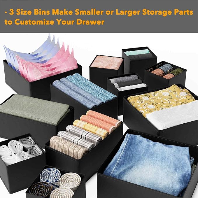 SpaceAid Drawer Organizer for Clothes, 6 Pack Dresser Drawer Organizer Bins, Closet Organizers and Storage Dividers for Clothing, Underwears, Socks (Black)