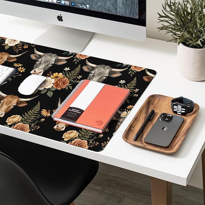 Cute Desk Mat, Highland Cow Floral Large Mouse Pad for Desktop, PU Leather Waterproof Desk Pad, Anti-Slip Computer PC Laptop Protector Gaming Mouse Pads for Office Home Decorations (27.5" x 13.8")