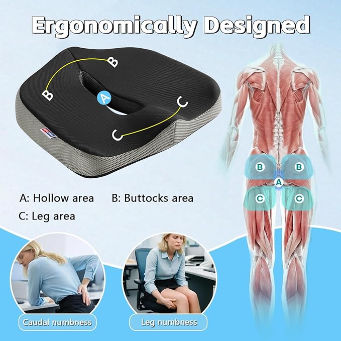 Seat Cushion for Tailbone Pain Relief, Memory Foam Coccyx Cushion for Office Chair & Car, Ergonomic Chair Pad with Non-Slip Cover & Handle, Sciatica Relief for Gaming Chair (Black)