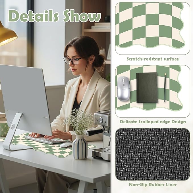 Copkim 1 Pcs Scalloped Green Checkered Desk Mat 31.5 x 11.8 Inch Large Cute Mouse Pad Computer Mat Non Slip Waterproof Rubber Base with Border Stitching Soft Keyboard Pad for Home Office Gaming Makeup
