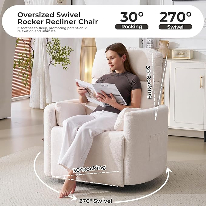 Oversized Swivel Rocker Recliner Chair with Storage Ottoman, Manual Swivel Glider Rocker Recliner with Massage and Heat, Rocking Nursery Chair with 2 Bolster Pillows, Adjustable Headrest, White