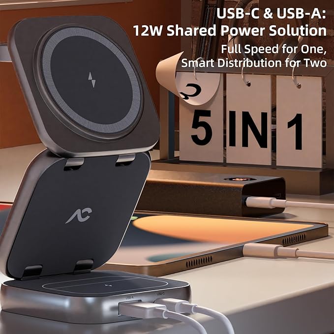 5-in-1 Wireless Charger for MagSafe, AC ISLAND Portable Travel Charging Station, 35W Max Qi2 Fast Foldable Magnetic Stand, Evolved for iPhone 17-12 Series, Apple Watch, AirPods (with 35W Adapter)