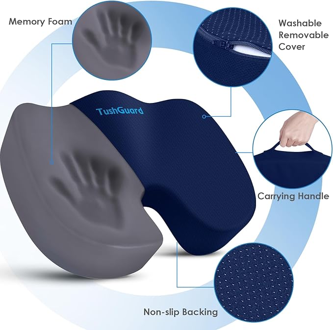 TushGuard Seat Cushion for Office Chair Memory Foam Non-Slip Cushion Back, Coccyx, Sciatica, Tailbone Pain Relief Butt Pillow for Office Chair, Car, Wheelchair, Blue, X-Large