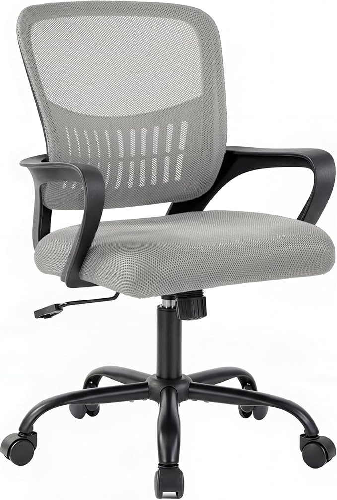 DUMOS Home Office Chair - Ergonomic Mid Back Mesh Desk Chair with Lumbar Support & Rocking Mode, Height Adjustable, Fixed Armrest, for Conference, Computer, 360° Swivel, Adults, Grey
