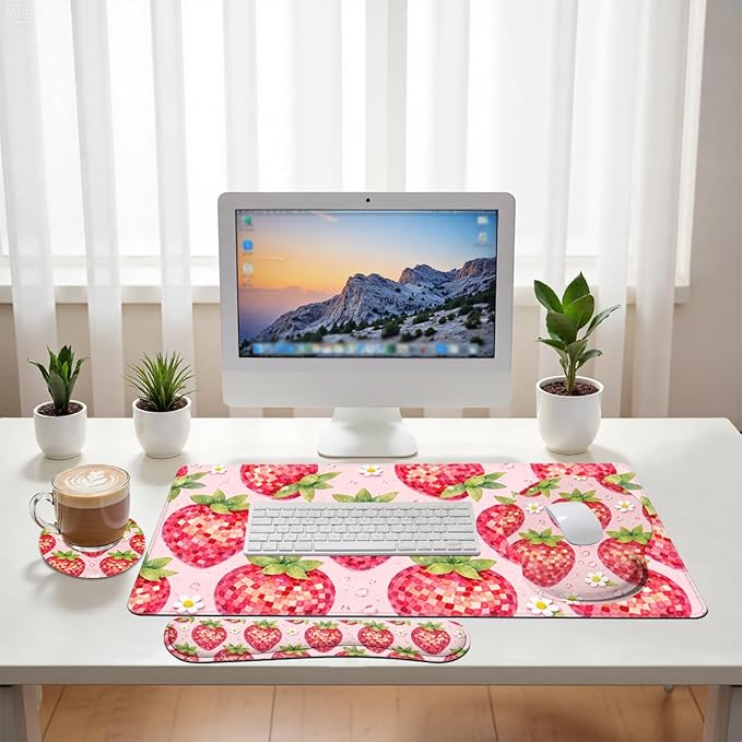 Strawberry Disco Desk Mat Set Fruit Pink Checkered Cute Large Mouse Pad with Wrist Rest 4in1 Desk Mat for Desktop Ergonomic Computer Desk Arm Wrist Anti-Slip Computer Mouse Pad Home Office Gaming
