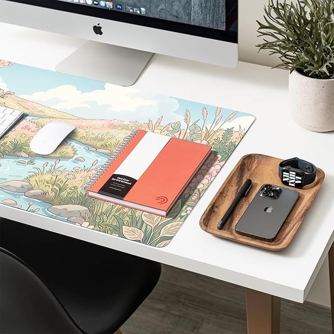 Cute Desk Mat, Anime Floral River Large Mouse Pad for Desktop, PU Leather Waterproof Desk Pad, Anti-Slip Computer PC Laptop Protector Gaming Mouse Pads for Office Home Decorations (31.5" x 15.7")