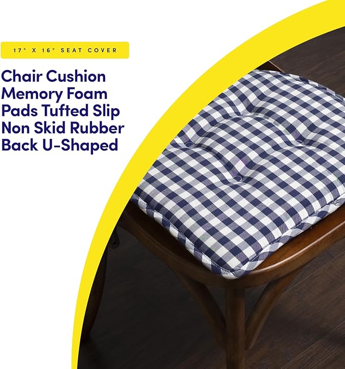 Sweet Home Collection Chair Cushion Memory Foam Pads Tufted Slip Non Skid Rubber Back U-Shaped 17" x 16" Seat Cover, 4 Count (Pack of 1), Checkered Navy/White