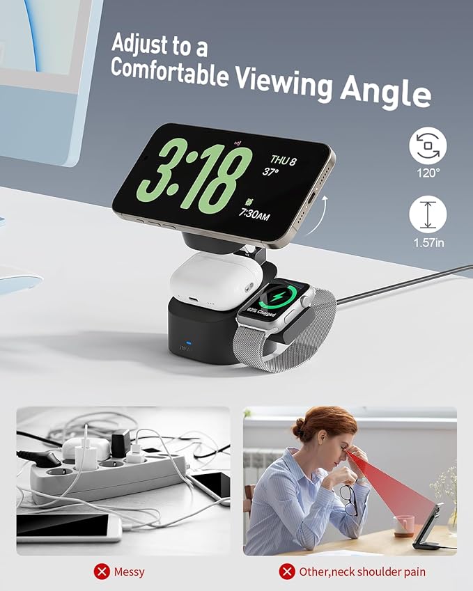 iWALK 3-in-1 Magnetic Wireless Charging Stand, 15W Foldable Charger Station for iPhone 16/15/14/13/12, Apple Watch & AirPods, Adjustable Dock with 20W USB-C Adapter