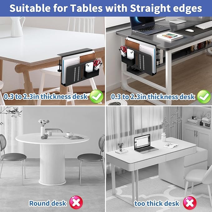 Desk Side Storage Organizer, Under Desk Laptop Holder with Magnetic Pen Holder, No Drill Hanging Desk Caddy for Office & Home, Clamp On Desk Shelf for Tablet, Files, Accessories (Black)