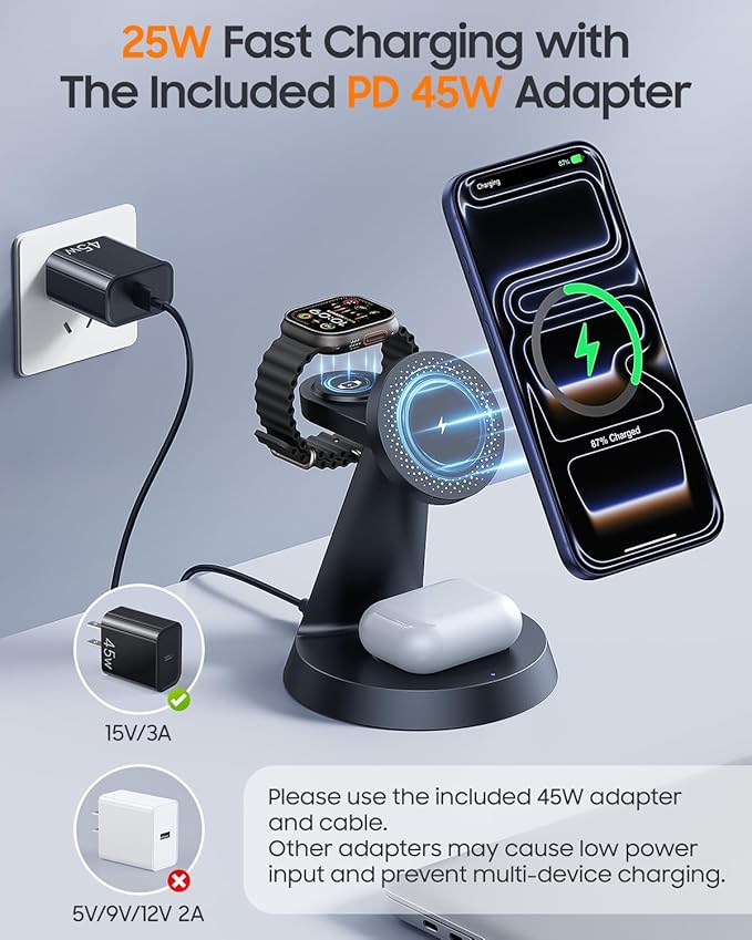 Meifigno 25W Fast Charging Station for MagSafe Charger for iPhone 17/16/S26 Ultra, 3 in 1 Magnetic Wireless Charger with 45W Adapter Only for iWatch & Earbuds, Charger Stand with Heat Dissipation