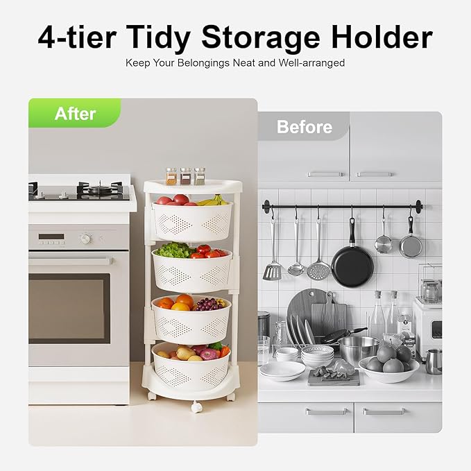 Fruit Basket for Kitchen, 4 Tier Circular Rotating Basket Large Storage Rack with Wheels, Standing Shelf Storage, Multi-Layer Storage Shelves with Top Lid for Living Room, Office, White (4-Tier)