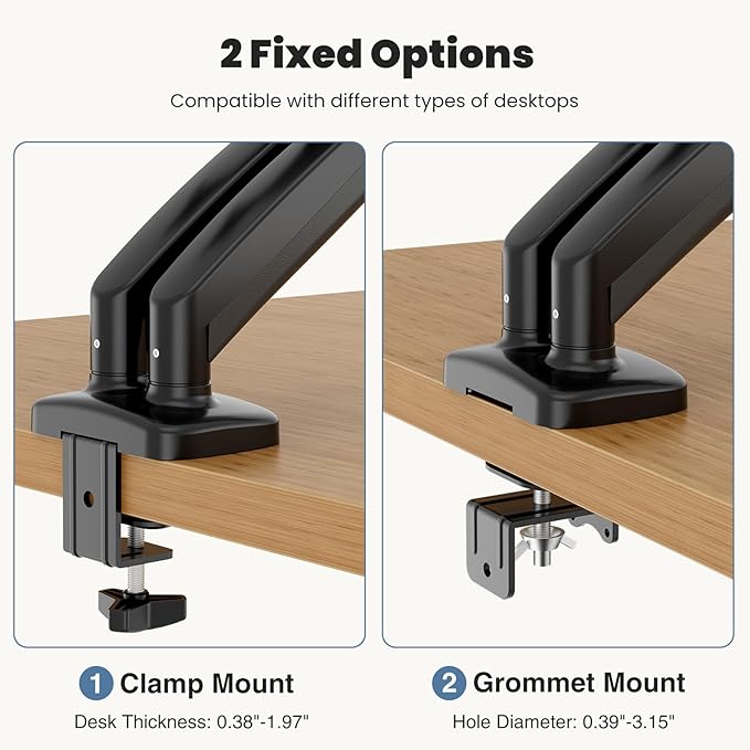 DUMOS Set of 2 Dual Monitor Stand for Desk, Gas Spring Monitor Arm for 2 Monitors Max 32 Inches, Fully Adjustable Double Monitor Mount, VESA Mount with C-Clamp/Grommet Base, Holds Screen 17.6 lbs
