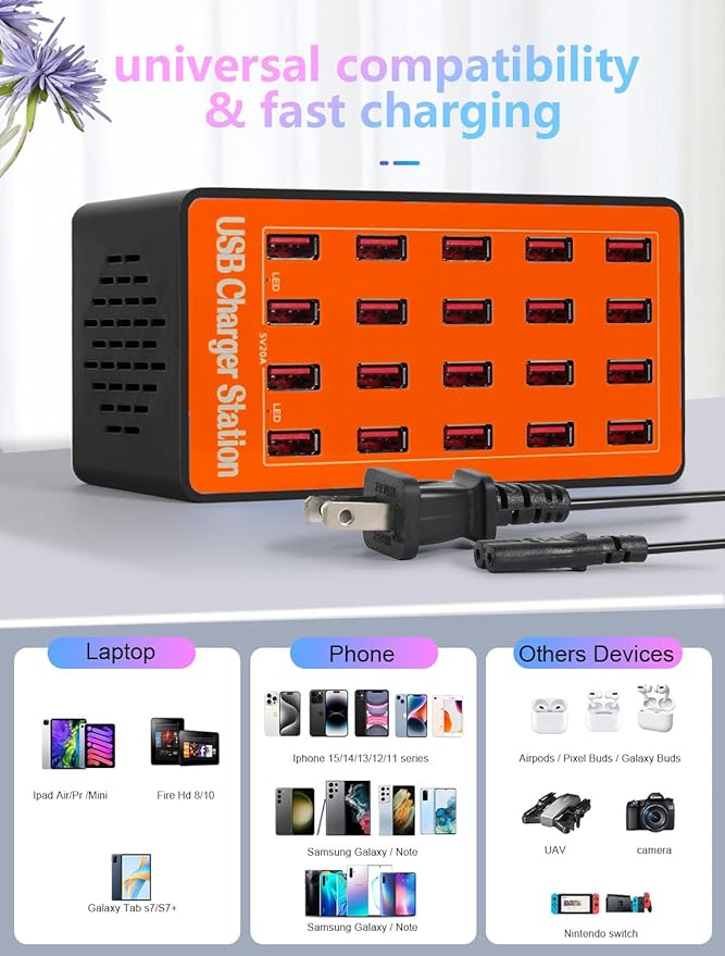 USB Charging Station,100W 20-Port Multi Smart Safety Fast Charger Station for Phone Tablet Watch Headphone PS, Compact Desktop Charger Home Office Travel