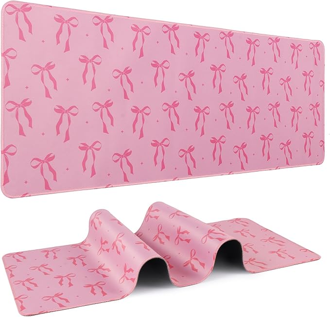 Large Gaming Mouse Pad 31.5 x 11.8in Desk Mat for Office Mousepad Anti-Skid Rubber Base Soft Comfortable and Durable Desk Pad (Pink Bow)