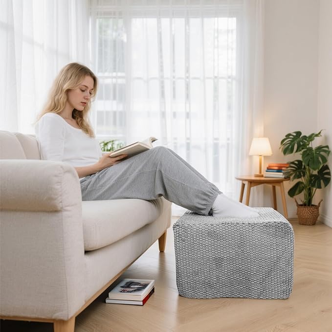 Furry Square Pouf Ottoman – 20"x14" One-Piece Seamless Integral Foam Foot Stool Ottoman Foot Rest Living Room Bedroom Under Desk (Gray)