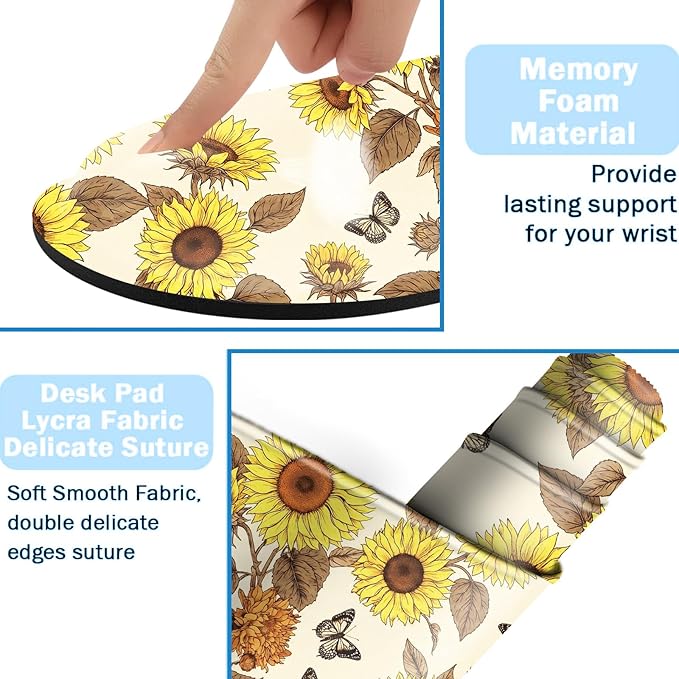 Ergonomic Mouse Pad Set with Wrist Support for Keyboard and Wrist Rest for Mouse, Memory Foam Comfort, Non-Slip Large Desk Mat for Home Office Pain Relief,Vintage Butterfly Sunflower
