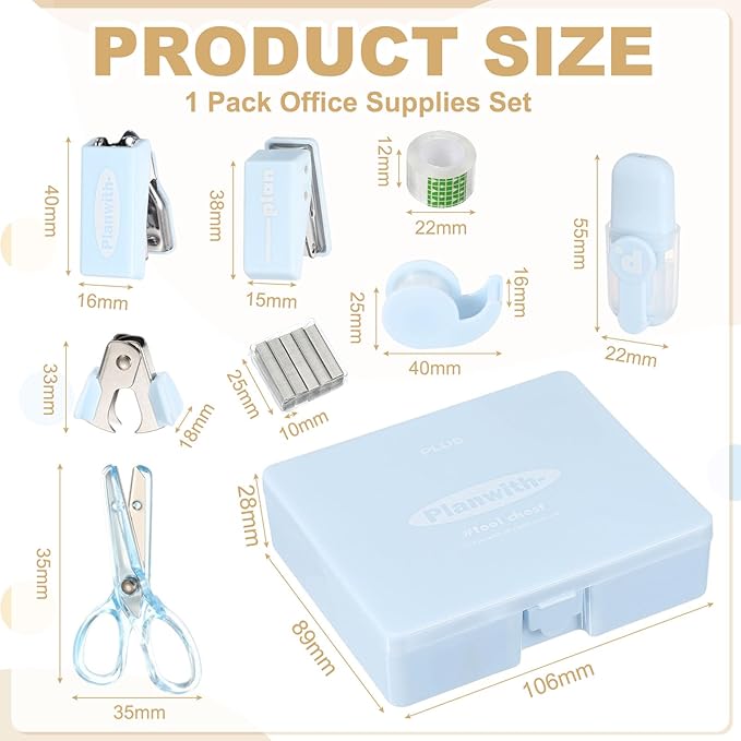 PATIKIL 1 Pack Office Supplies Set, 8pcs Desk Supplies Set Stapler Tape Dispenser Scissors Accessories Kit Mini Office Supply Kit Cute Small for Desk Women Organizer, Blue