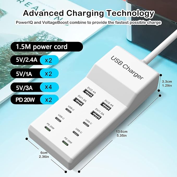 USB C Charging Station, 10 Ports USB C Charger Dock Desktop 100W Multi Port with PD Fast Charger, Compatible with iPhone 15/14/13/12/11/Pro/Pro Max/Samsung S23/S22/S21/Tablet/Watch/Headphones