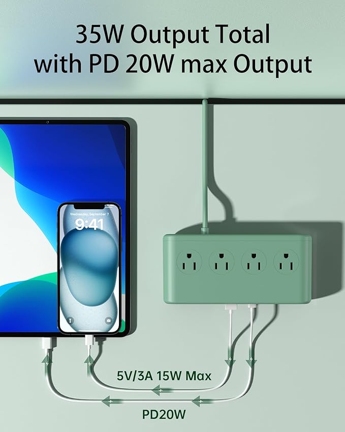 Power Strip with USB Ports 35W, 4 AC Outlets Surge Protector 2500W, 6 Ports PD USB Charger Station, 5ft Extension Cord for Home/Office/Travelling Essentials