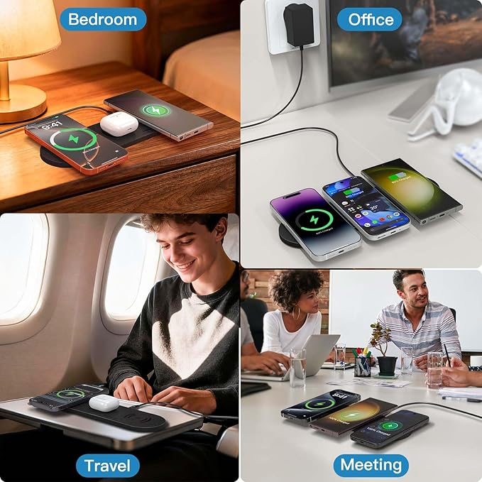 ZealSound 3-in-1 Wireless Charging Pad, Fast Charger Mat with 36W Adapter for iPhone 17/16/15, Samsung Galaxy, Pixel, AirPods & Galaxy Buds, Ultra Slim Case Friendly PU Leather for Home Office Travel