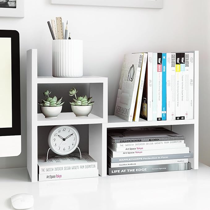 Jerry & Maggie - Desktop Organizer Office Storage Rack Adjustable Wood Display Shelf | Birthday Gifts - Toy - Home Decor | - Free Style Rotation Display - True Natural Stand Shelf (White)