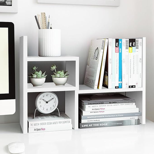 Jerry & Maggie - Desktop Organizer Office Storage Rack Adjustable Wood Display Shelf | Birthday Gifts - Toy - Home Decor | - Free Style Rotation Display - True Natural Stand Shelf (White)