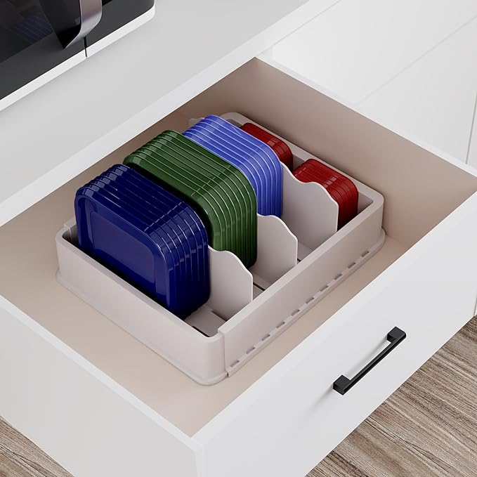 SWOMMOLY Expandable Food Storage Container Lid Organizer, Includes 6 Adjustable Dividers, 30 Preprinted and Blank Writable Labels, White