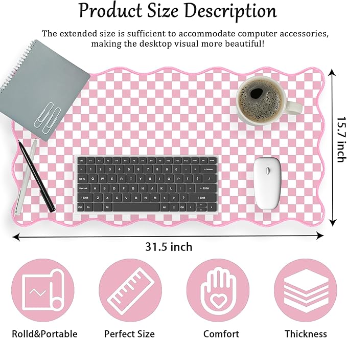 Scalloped Desk Mat Extended Large Cute Pastel Pink Mouse Pad Farmhouse Cozy Cottagecore Gingham Desk Pad Aesthetic Plaid Mousepad Checkered Gaming Mouse Pad Computer Keyboard Pad Girly 31.5X15.7Inch
