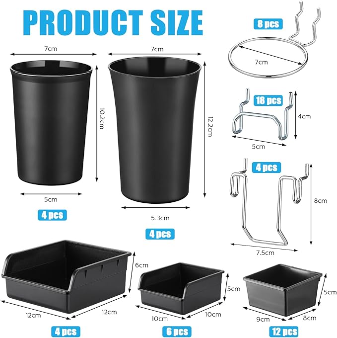 Roowest 60 Pcs Pegboard Cups Pegboard Bins Set, Wall Organizer with Hooks and Loops, Hooks Assortment Organizer Accessory for Office Storage Garage Craft Workshop(Black)