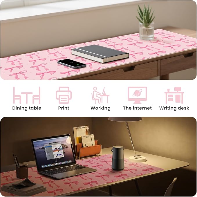 Pink Desk Mat with Bows, Cute Mouse Pad for Computer Laptop PC Non-Slip Rubber Base Gaming Keyboard Pad, Large Office Mat Girly Décor Office Supplies Desk Accessories for Teen Girls Women 31.5 x 15.7