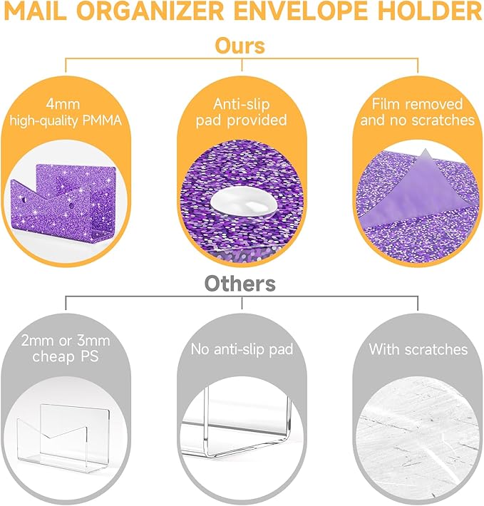 Mail Organizer Envelope Holder - Glitter Purple Acrylic Mail Holder Countertop Vertical Desk Organizer Small File Bill Document Notebook Letter Sorter for Home School Office Supplies