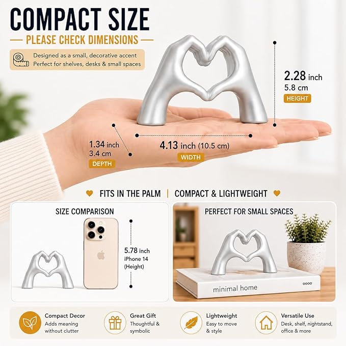 Gold Decor Living Room – Mini Small Heart Hands Sculpture – Shelf Decor Aesthetic – Cute Home Accent Table & Shelves – Love Statue - Gifts Girlfriend, Wife, Women, Teen Girls, Valentine (Silver, Mini)