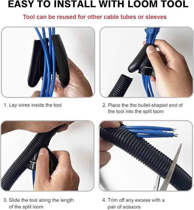 10ft - 3/4 inch Flame Retardant Split Wire Loom Tubing with Installation Tool - Flexible Wire Covers Cord Protectors - Black