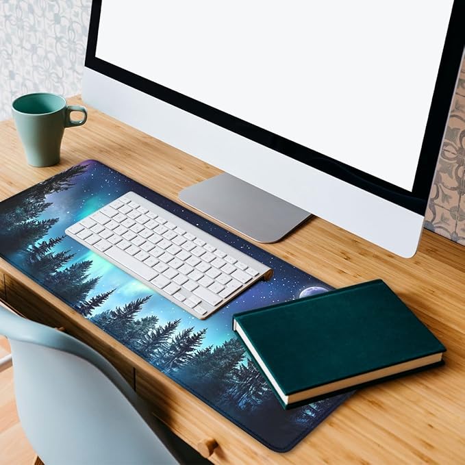 Aurora Desk Mat Starry Night Northern Lights Forest XL Mouse Pad Large Mousepad Extended Laptop Keyboard Mat Gaming Desk Pad Mouse Mat 31.5"x11.8"
