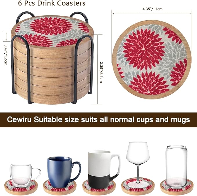 Wood Coasters Set of 6 with Holder, Cewiru Cup Mat for Drinks, Absorbent Coasters with Felt Insert for Coffee Table Protection, Modern Style Home Dining Table Decor, 4.3" Red