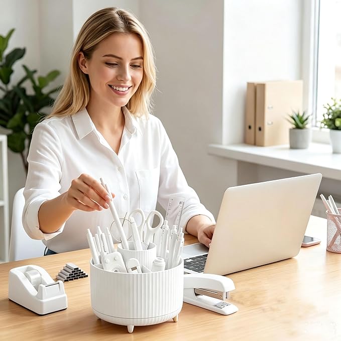 Office Supplies Rotating Pen Holder for Desk with Stapler Staple Remover, Tape Dispenser,2pcs Tape Refills, Binder Paper Clips Kit, Scissor,Pen, Ruler & Sticky Tabs,White Office School Supplies(White)