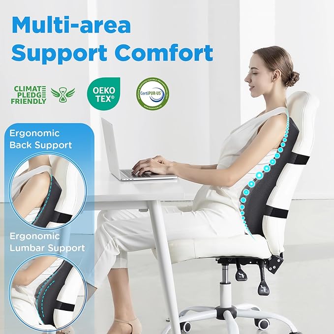 High Back Support Pillow for Office Chair Lumbar Support Pillow, Office Home Essentials- Memory Foam Fully Support Back Cushion for Desk, Gaming Chair, Promotes Posture Pain Relief Adjustable Straps