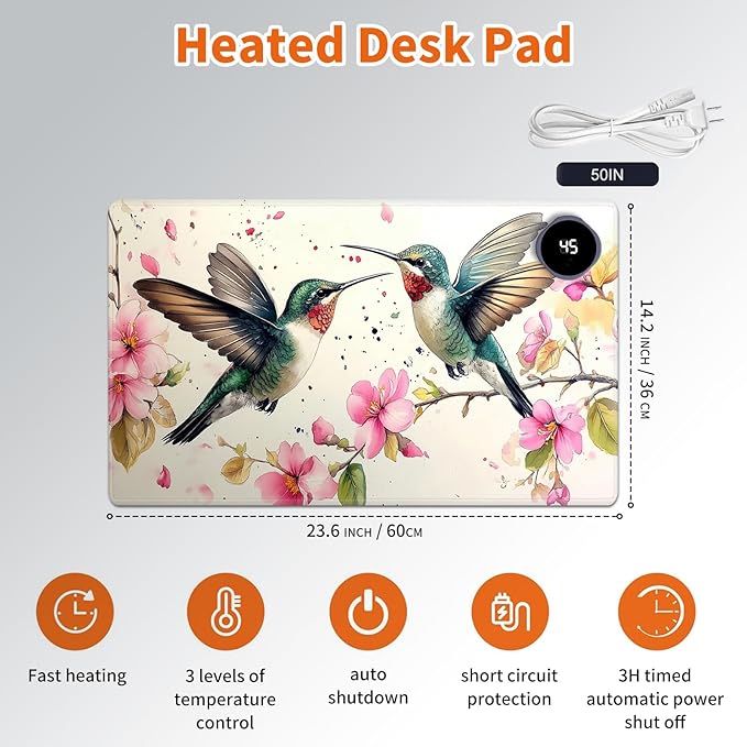 Heated Mouse Pad,Warm Desk Pad with 3 Levels Heating & 3 Hours Auto Shut-Off, PU Leather Heated Desk Pad Warmer Pad for Home Office - 23.6 x 14.2 inch,Watercolor Hummingbird