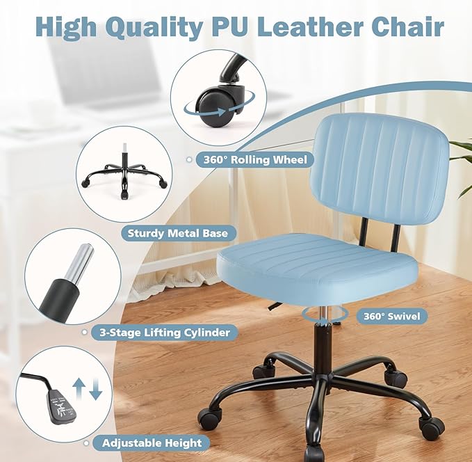 DUMOS Armless Home Office Executive Chair - Small Desk Chair with Low Back Lumbar Support, Height Adjustable PU Leather Computer Task Chair with 360° Swivel Wheels, for Adults, Blue