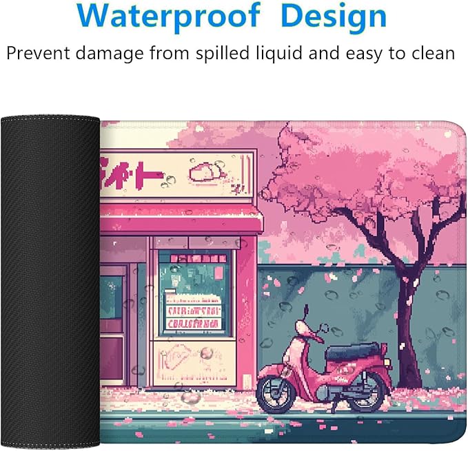 Japanese Anime Mouse Pad Pink Cherry Tokyo Street Aesthetic Large Gaming Mouse Mat with Stitched Edges,Non-Slip Waterproof Rubber Base Mous Mat Office Computer Keyboard Laptop Home 31.5x11.8 Inch
