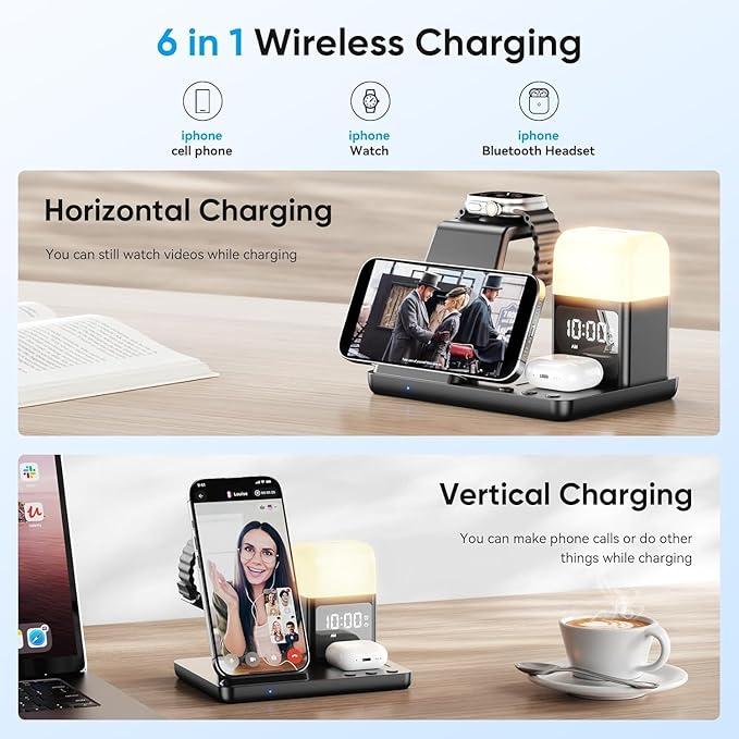 6 in 1 Wireless Charging Station with Clock & Night Light，Alarm Clocks for Bedrooms,Wireless Charger Stand with Beside Clock for iPhone 17/16/15/14/13/12 Pro Max, Apple Watch,Airpods (Black)